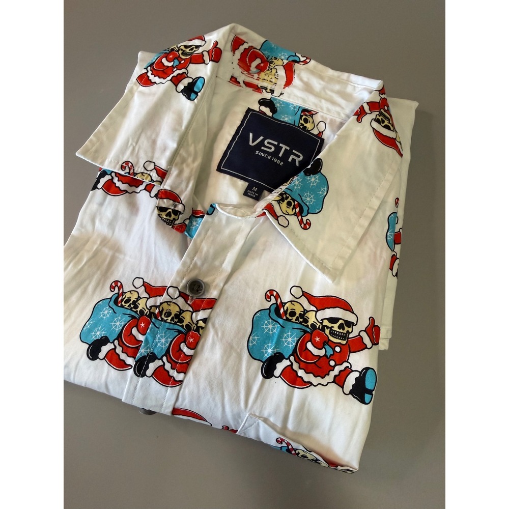 VSTR Mens Skeleton Santa Skull Christmas Short Sleeve Button Down Shirt White M
